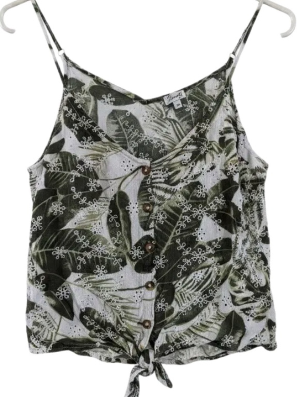 Kismet Eyelet Olive Leaf-Print Eyelet Button-Front Tie Cami
